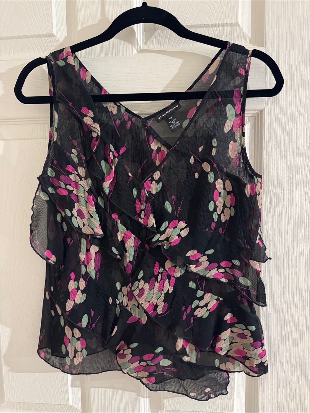 Club Monaco Black Floral Ruffle Shell with Pink & Mint Accents